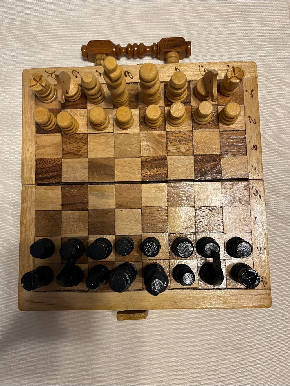 Vintage Foldable Wooden Chess and checkers  Set - Natural & Black Pieces